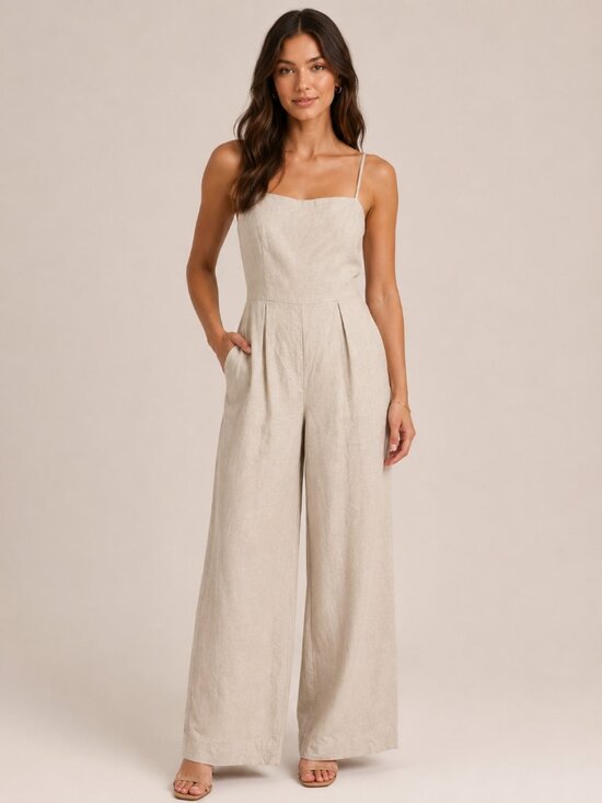Petal & Pup Pants - Petal & Pup Linen Cotton Wide Leg Jumpsuit XS Beige Neutral